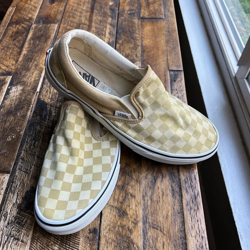Vans Tan Checkerboard Slip-On Sneakers - Picture 3 of 5